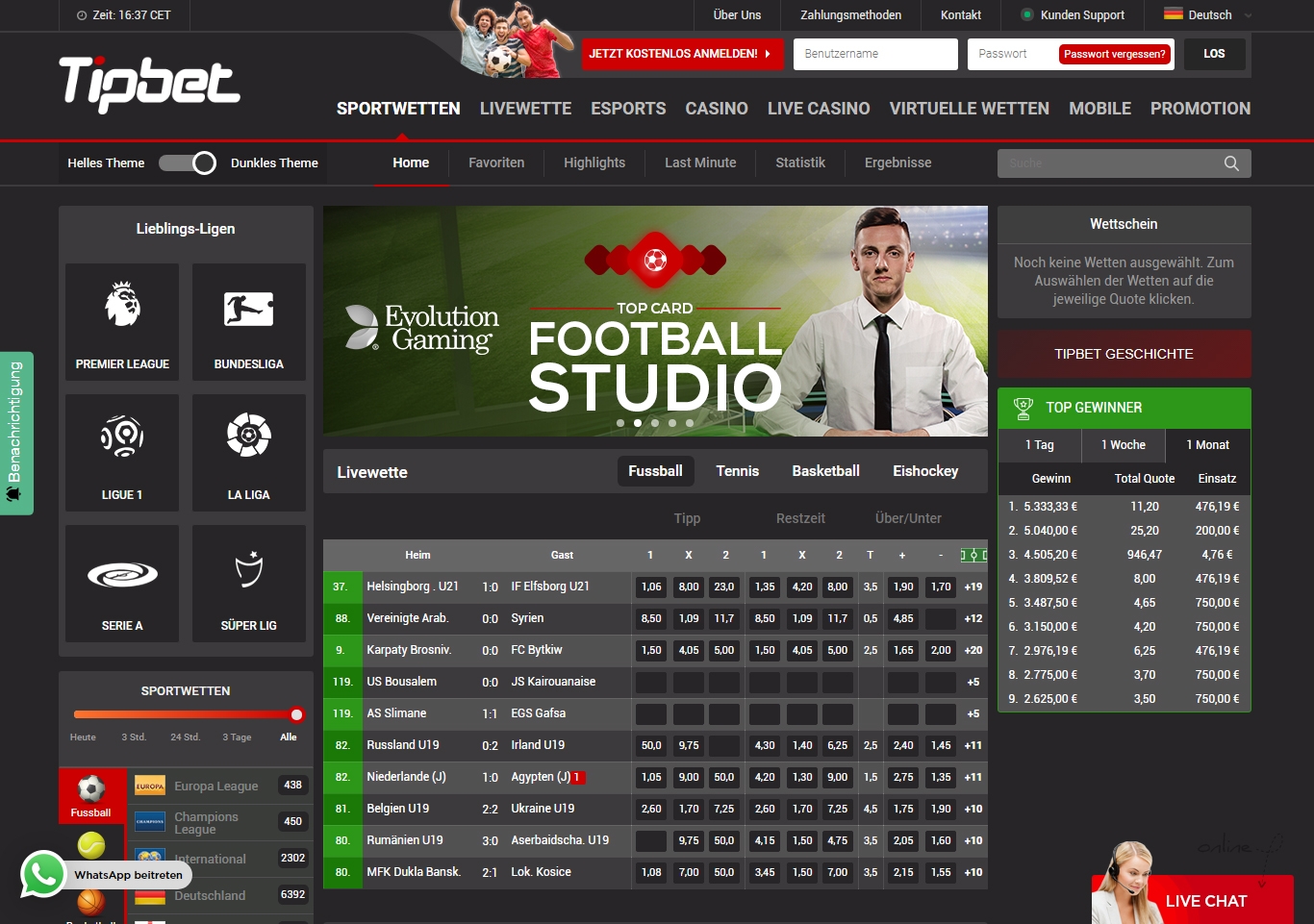 Tipbet Sportwetten Dunkles Theme